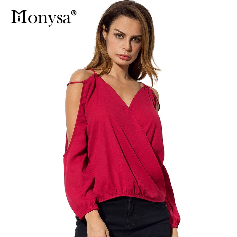 С Плеча Блузки Женщины 2017 Новые Поступления Мода V-образным Вырезом Длинным
