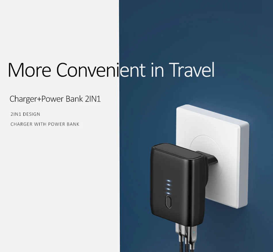 EU/US Foldable Plug 2 in 1 USB Charger Power Bank 5000mah Auto Power Off Fast Charging Powerbank Dual USB External Battery