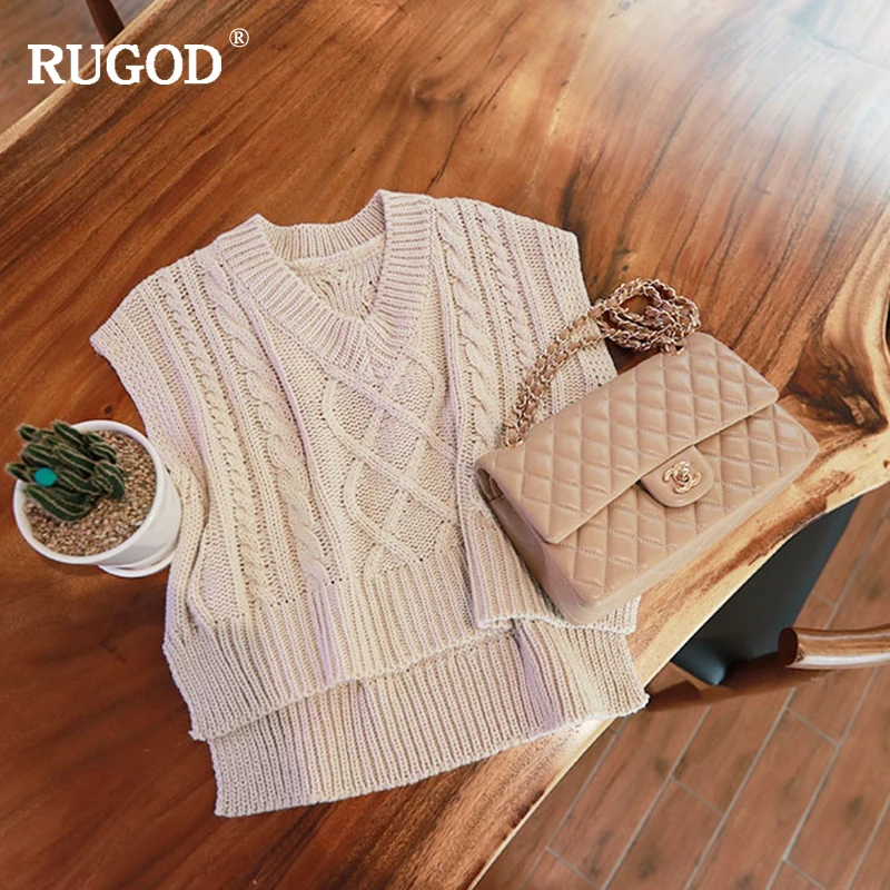 RUGOD 2019 New WinterEngland Style Pullovers fashion wild diamond-shaped twist woven V-neck wool short vest sweater women | Женская