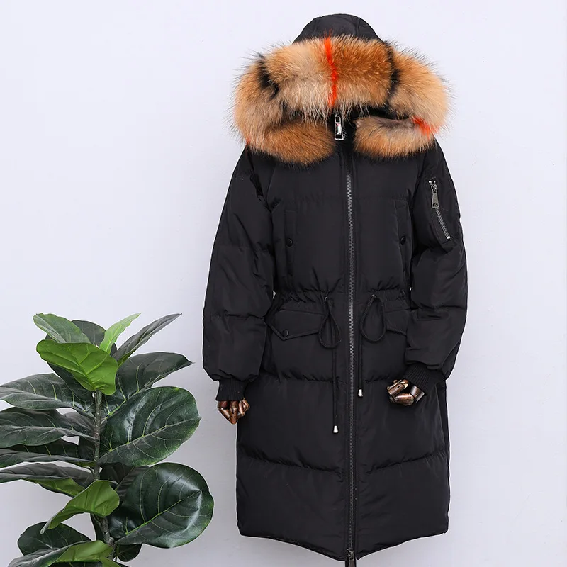 black 3 fur Воротник из меха енота, свободная куртка из гусиных перьев, Женское зимнее пуховое пальто размера плюс, длинная парка, женская теплая верхняя одежда Okq035 - Цвет: black 3 fur