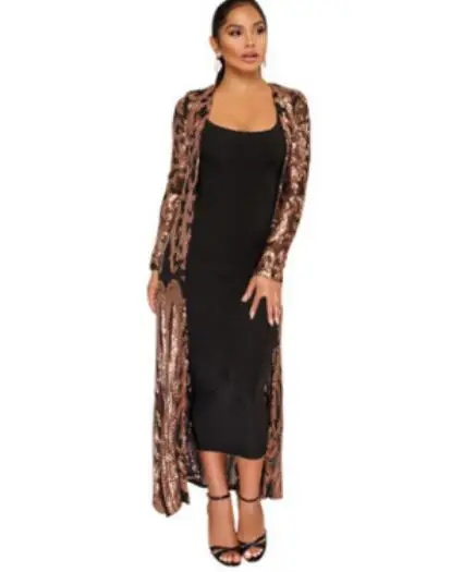 Длинное пальто-кардиган с блестками деловой Тренч длинным рукавом и открытой