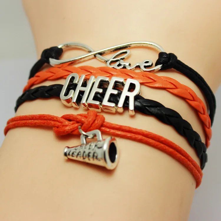 

10PC/lot Infinity Love Heart Megaphone Cheer Mom leader Cheering Squad Team Charm Girls Leather Wrap Bracelets Women&Men Jewelry