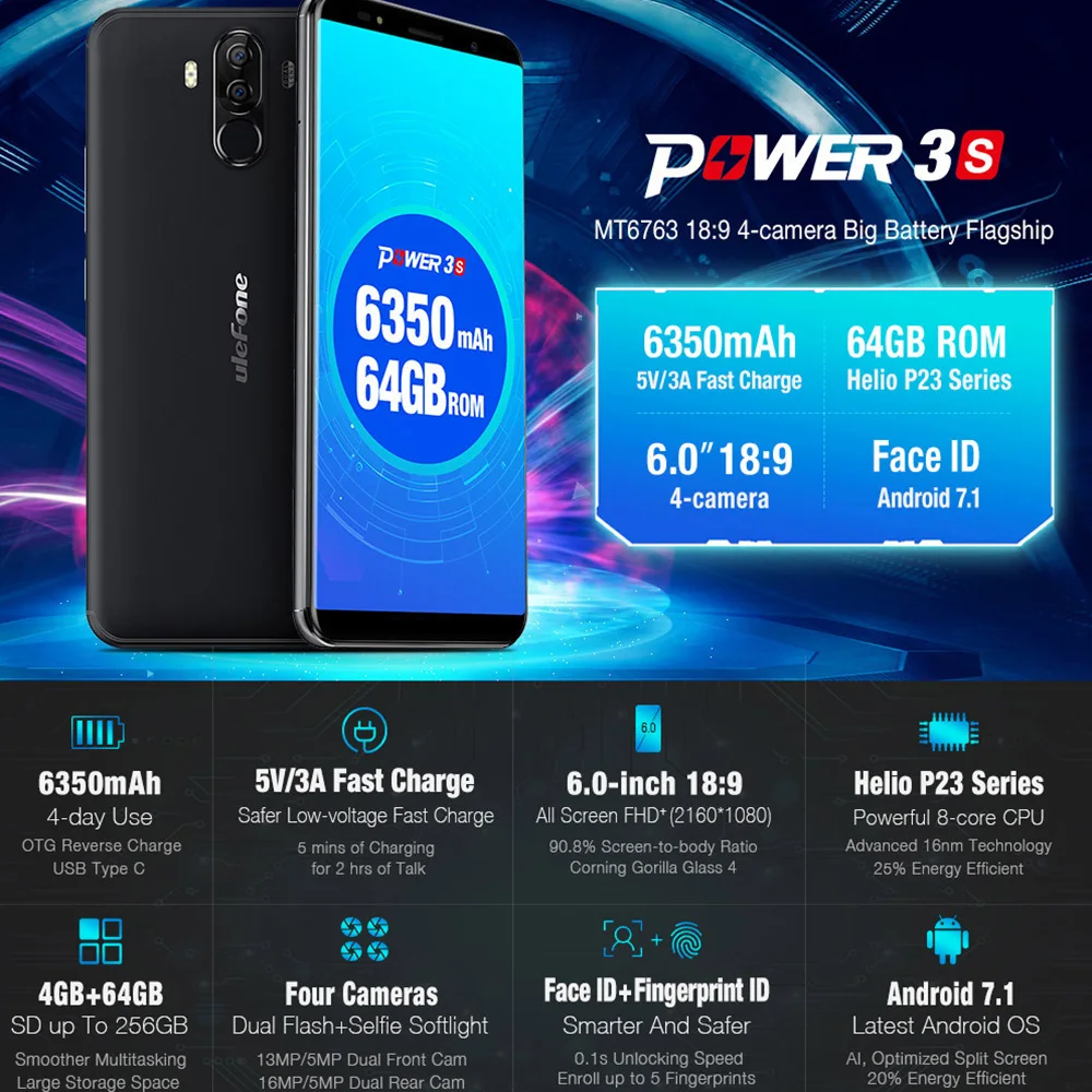 Ulefone power 3S 6 0 &quot18:9 FHD + Android 8 1 мобильный телефон MTK6763 Восьмиядерный 4 Гб 64 16 МП камеры