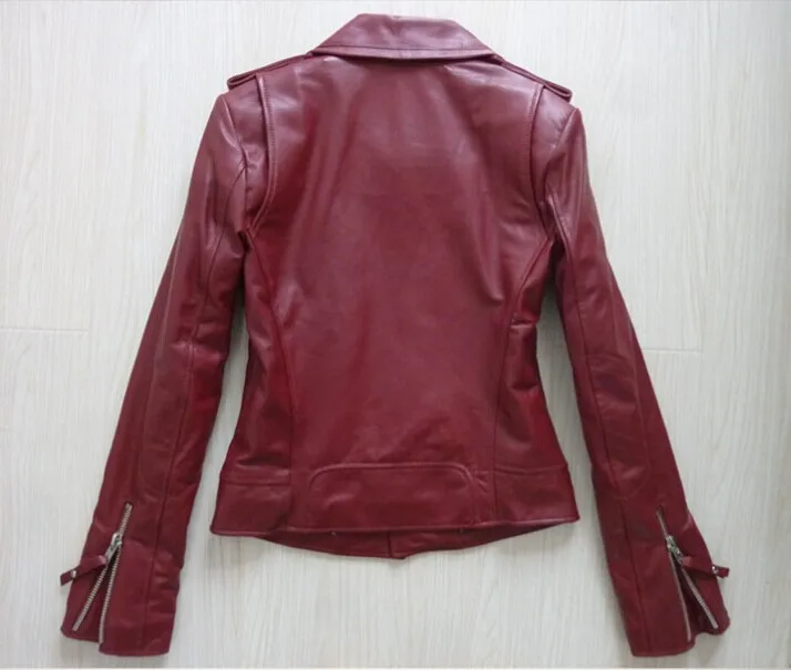 Желтый красный кожаный куртка с меховой воротник натурального ягненка овчины