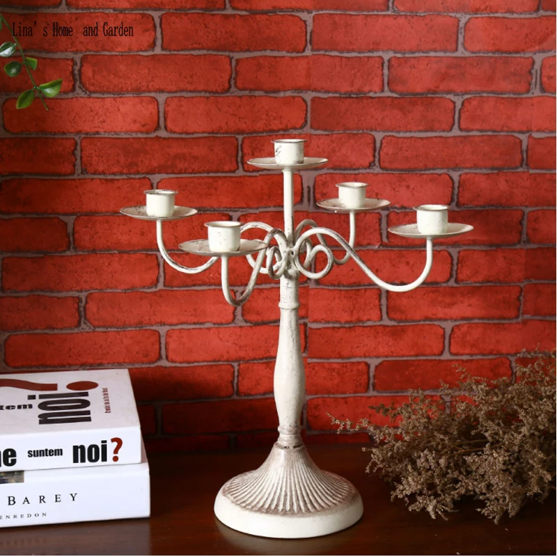 

Antique White 5 Arms Metal Candelabra Candle Holder Candle Lantern Wedding Centerpiece Lantern Decorations Moroccan Decor
