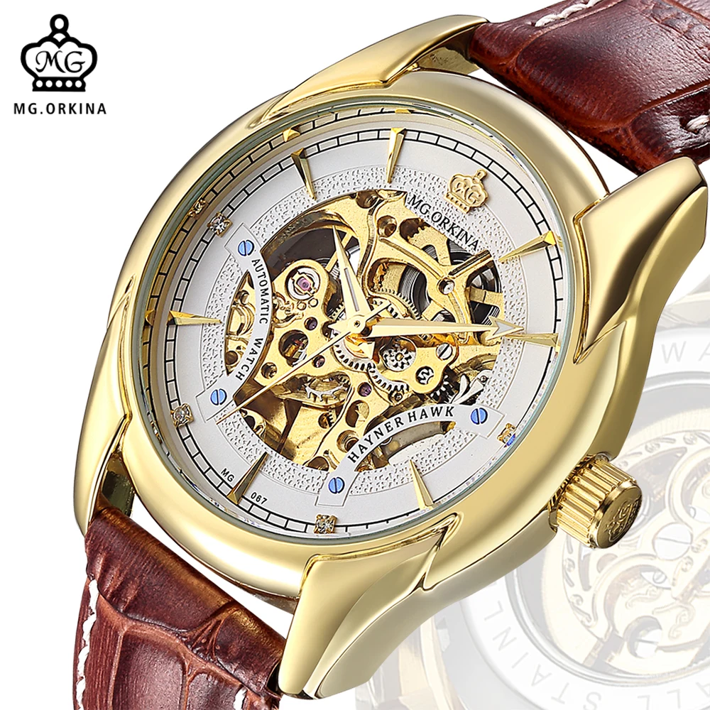 Мг. ORKINA Мужские часы от топ бренда класса люкс Золотой чехол скелет наручные с