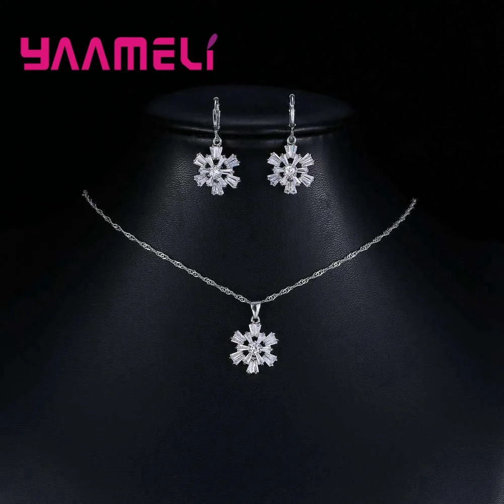 

Wholesale Price 925 Sterling Silver Jewelry Sets Winter Snowflake Bridal Zircons For Women Wedding Necklace+Earring