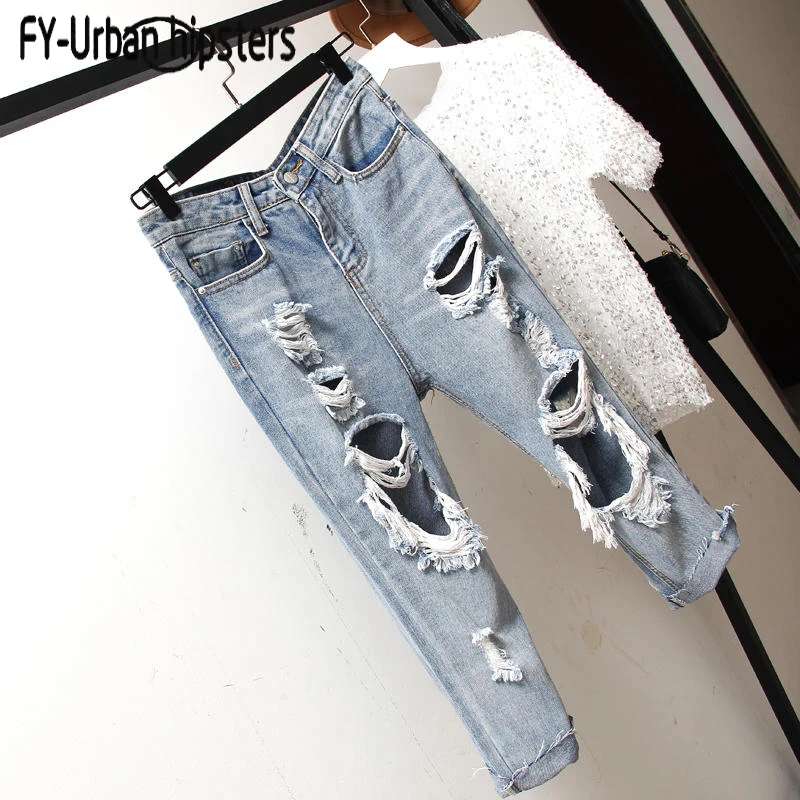 Женские джинсы-бойфренды светло-Синие рваные джинсы до щиколотки в Корейском