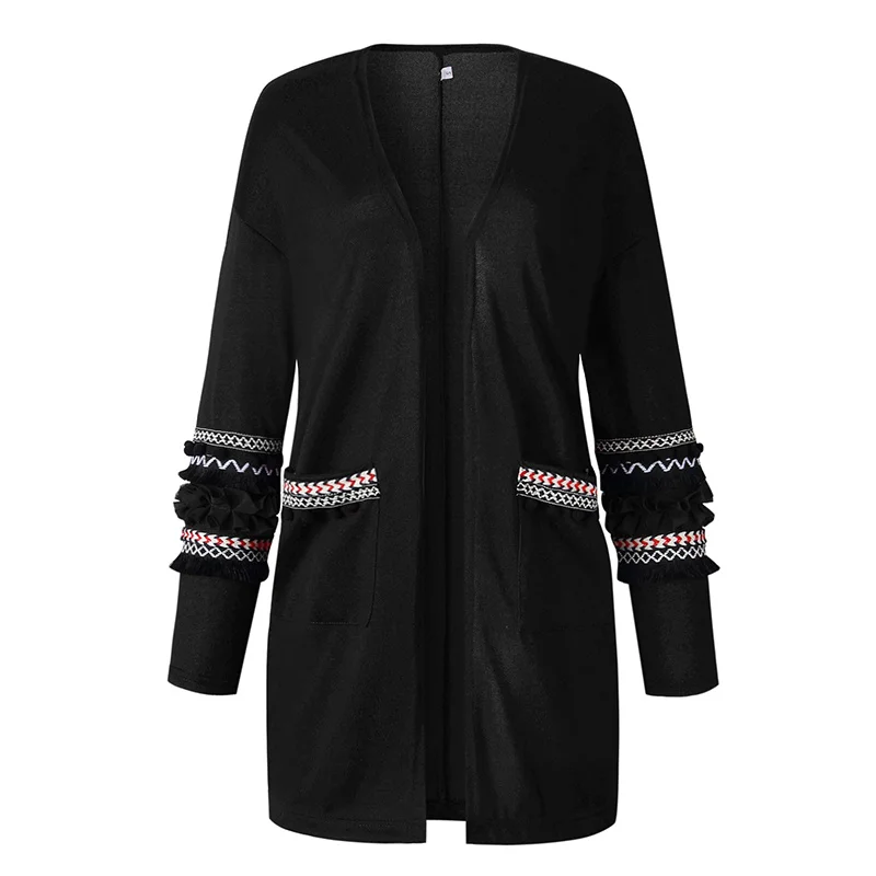 Black Кардиган с длинным рукавом женский Зимний вязаный Boho женский свитер кардиган Цветочная верхняя одежда с кисточками испанское Элегантное повседневное длинное пальто - Цвет: Black