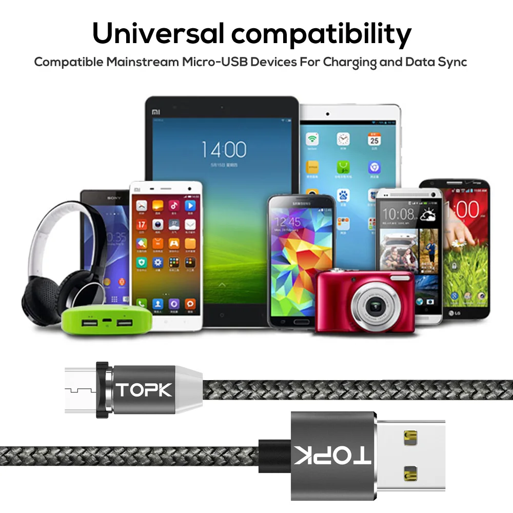 Кабель Micro USB TOPK светодиодный магнитный Улучшенный светоотражающий нейлоновый