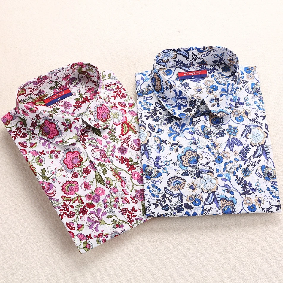 Осень Цветочные Блузки Женщины Урожай Хлопка Рубашки С Длинным Рукавом Воротник