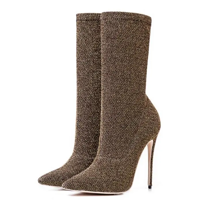 Хит продаж женские ботинки до середины голени из тянущейся ткани винного и