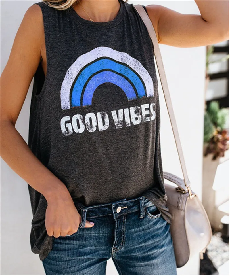 Летний женский топ на бретелях с принтом радуги и надписью Good Vibes, Женский Повседневный Свободный жилет с круглым вырезом,, сексуальный женский топ без рукавов