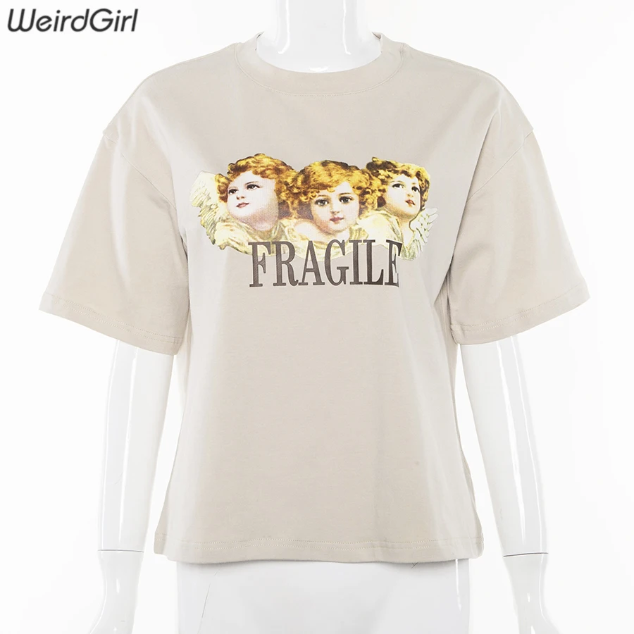 Weirdgirl/повседневные модные футболки с принтом ангела для женщин и малышей; свободные женские футболки цвета хаки с короткими рукавами и круглым вырезом; Новинка года; сезон лето