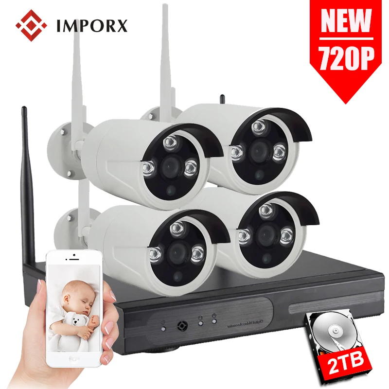 IMPORX Plug and Play 4CH Беспроводной NVR комплект P2P 720P 1MP 4 шт крытый Открытый ИК Ночное