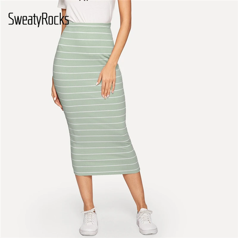 SweatyRocks, высокая талия, ребристая вязка, полосатая облегающая юбка, уличная одежда, женские розовые юбки-карандаш, весна, женские элегантные юбки