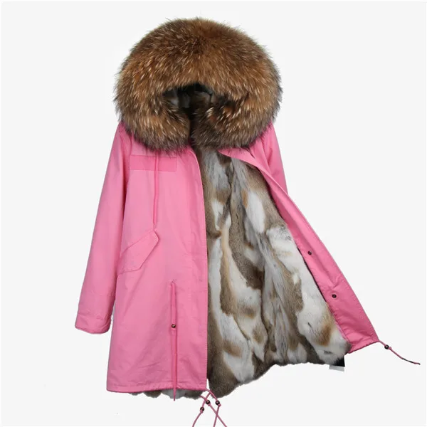 OFTBUY, розовая Длинная зимняя куртка, пальто, женская парка, воротник из натурального меха енота, с капюшоном, шуба из натурального кролика, Толстая теплая парка - Цвет: 7