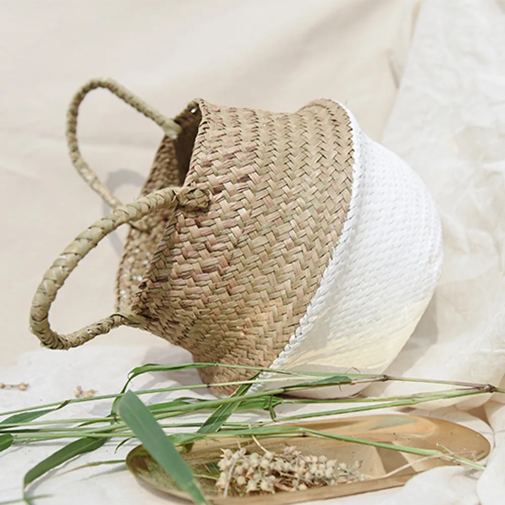Fresh Handmade Rattan Storage Basket Seagrass Wicker Flower Pot Folding Dirty Plant Container |