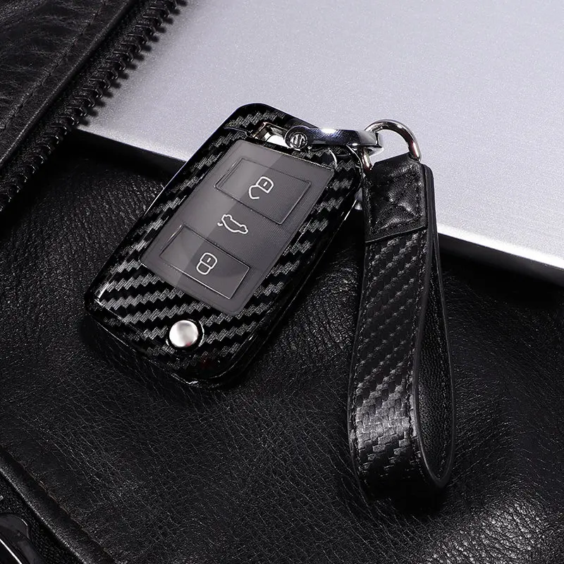 A-black keychain PC углеродное волокно автомобильный ключница чехол для Volkswagen VW Jetta MK6 Tiguan Passat Golf 4 5 6 POLO cc bora Skoda 2/3 кнопки - Название цвета: A-black keychain