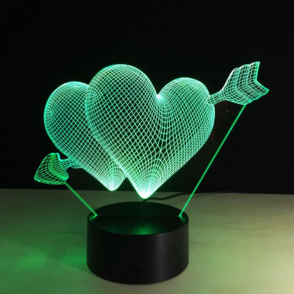 3D стрела купидона ночной Светильник Красивая цветная (RGB) любящее сердце Форма