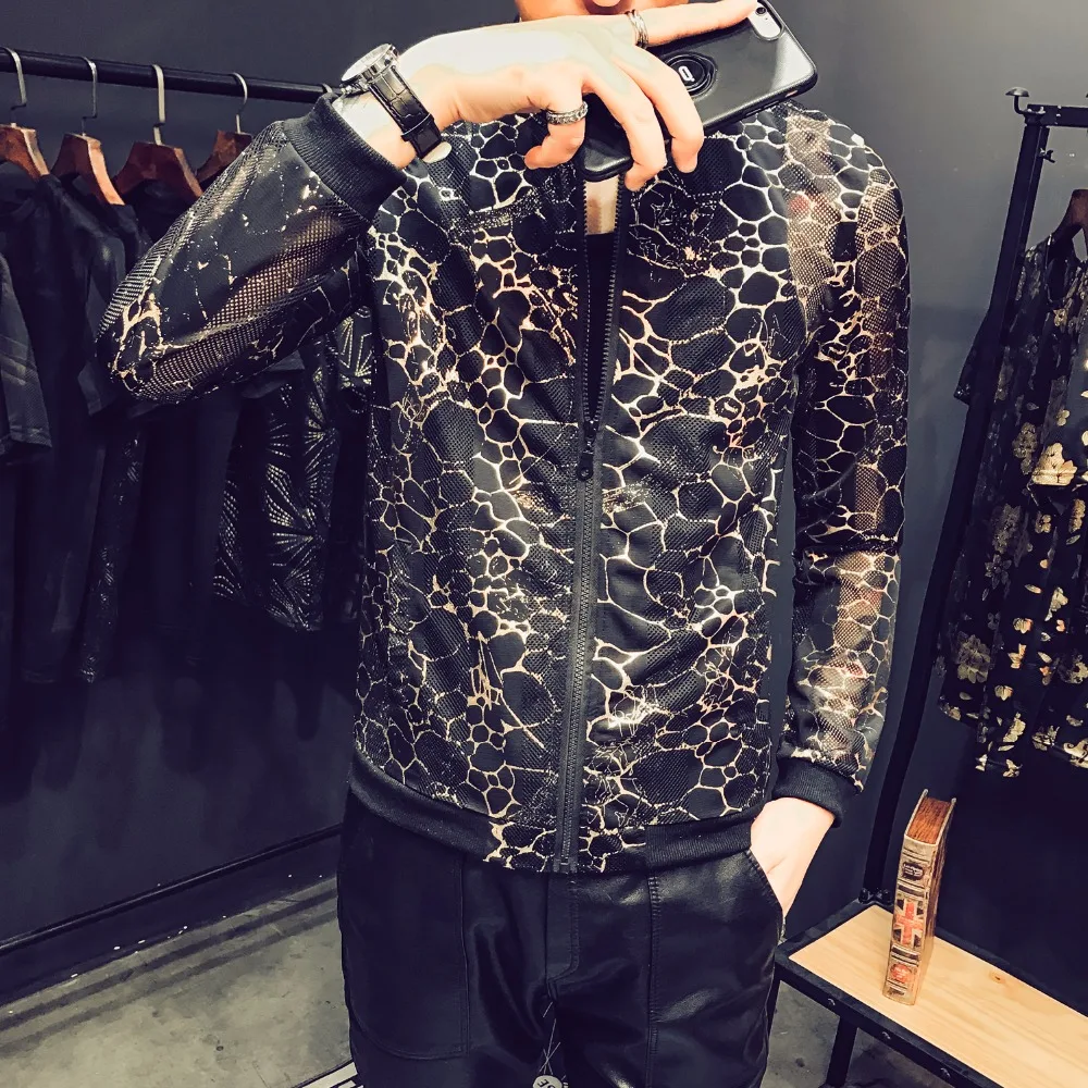 2019 мужские леопардовые куртки с принтом летние прозрачные золотые сетчатые