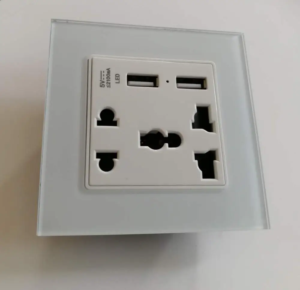 

UK Standard Manufacturer UK Standard Wall Power Socket+2 USB, White Crystal Glass Panel, 13A Wall Outlet,2.1A 2 USB