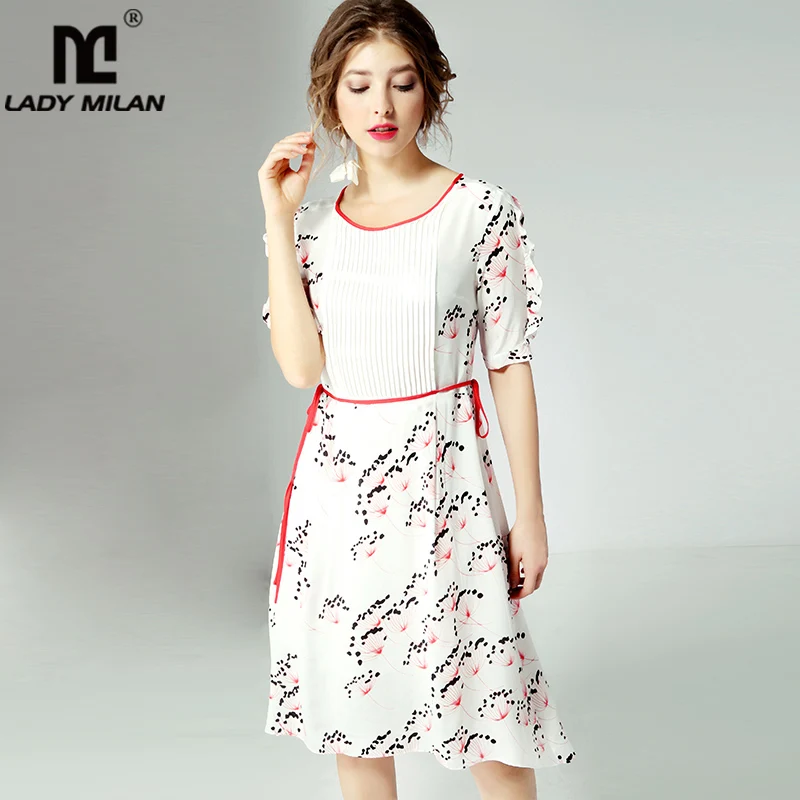 100% натуральные шелковые платья с круглым вырезом короткими рукавами рюшами