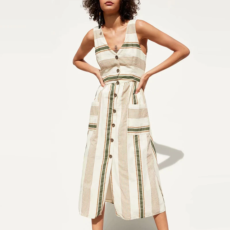 Летнее сексуальное длинное платье с открытой спиной винтажное Полосатое Женское