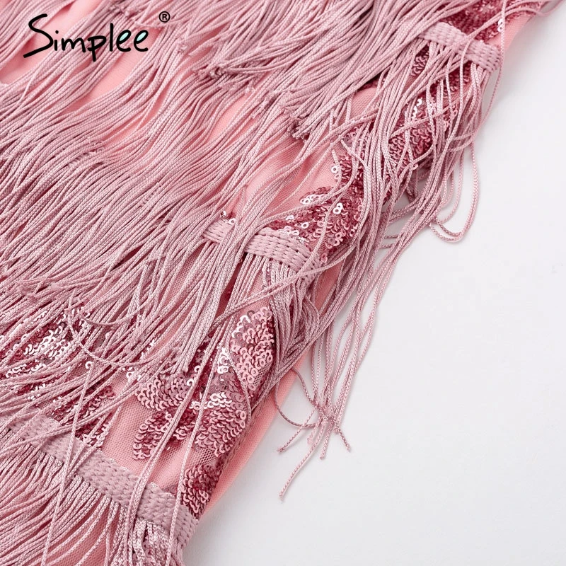 Simplee открытая спина завязывается кисточкой сетки блесток сексуальное платье