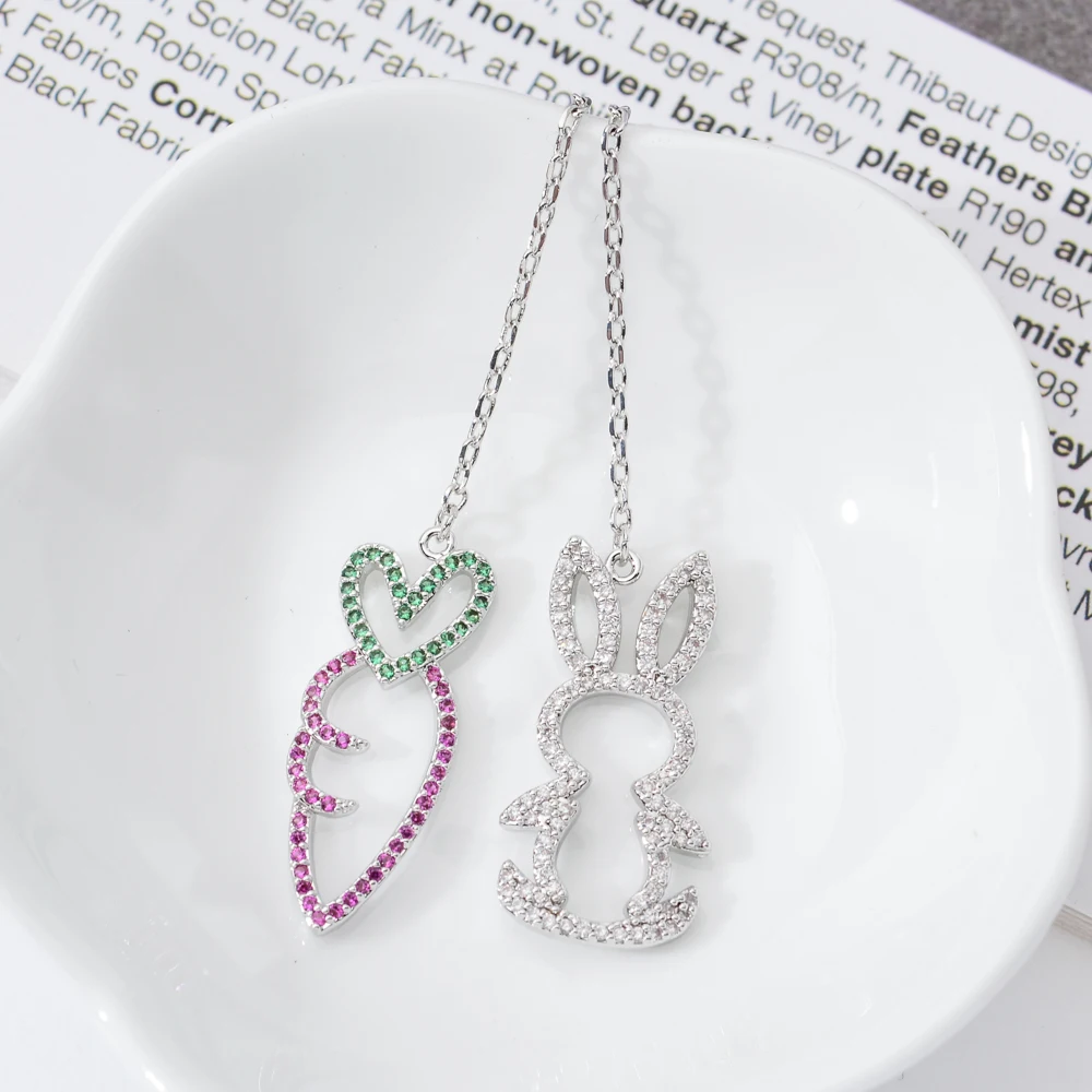 Новая модная футболка с кроликом и морковкой Асимметричные циркониевые серьги