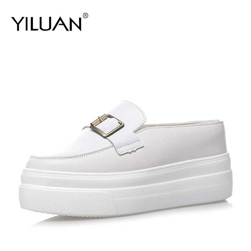 white Yiluan/ г. Летние новые женские туфли сандалии из натуральной кожи шлепанцы с металлической пряжкой Baotou обувь на платформе женские туфли на танкетке - Цвет: white