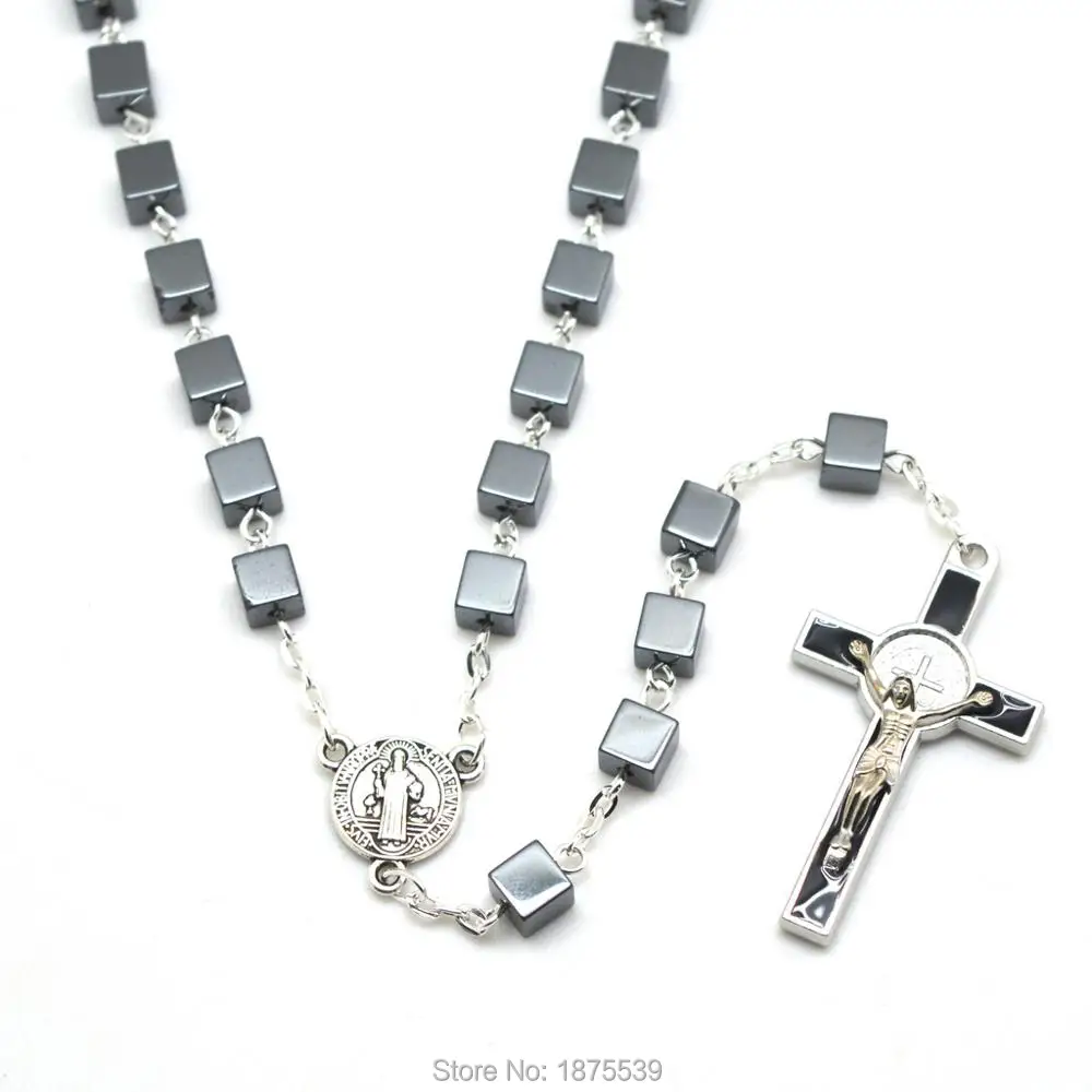 Black 6 mm Square Hematite Bead Rosary Necklaces St Benedict Crucifix and Medal | Украшения и аксессуары