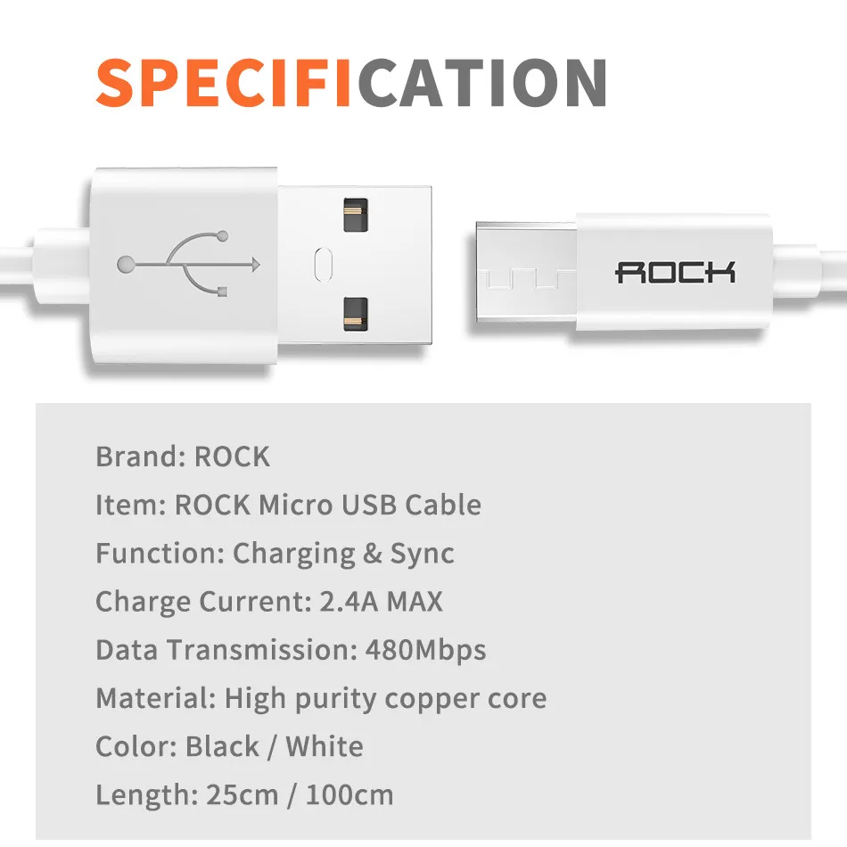 3 шт. в упаковке ROCK Micro Usb кабель 5V2A Быстрая зарядка Usb ЗУ для мобильного телефона шнур для SamSung Xiaomi huawei Android синхронизация Дата кабель