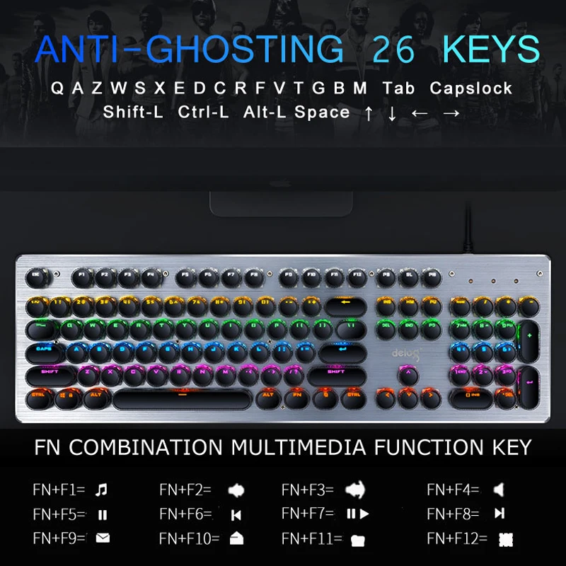 Новая Механическая Проводная USB клавиатура с защитой от фиктивных нажатий синяя