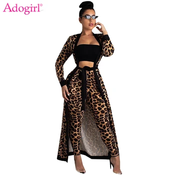Adogirl Leopard Print Women Two Piece Set Full Sleeve Extra Long Cardigan with Sashes + Pencil Pants Night Coat Suit Outfits 1