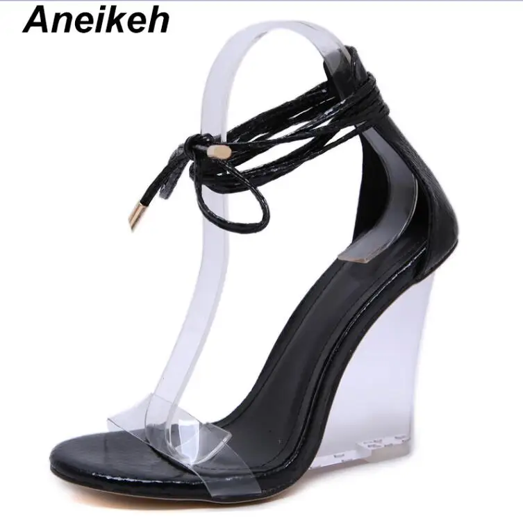 Black Aneikeh/ г.; модная женская обувь; босоножки на танкетке с открытым носком на высоком прозрачном каблуке из пвх; летние туфли-лодочки на шнуровке с перекрестными ремешками - Цвет: Black