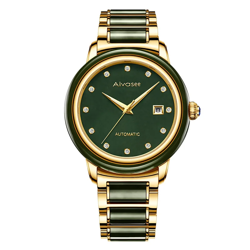 Men Gold Steel Лидирующий бренд, роскошные мужские наручные часы из натурального темного нефрита, автоматические механические часы Loreo для женщин Horloge Heren - Цвет: Men Gold Steel