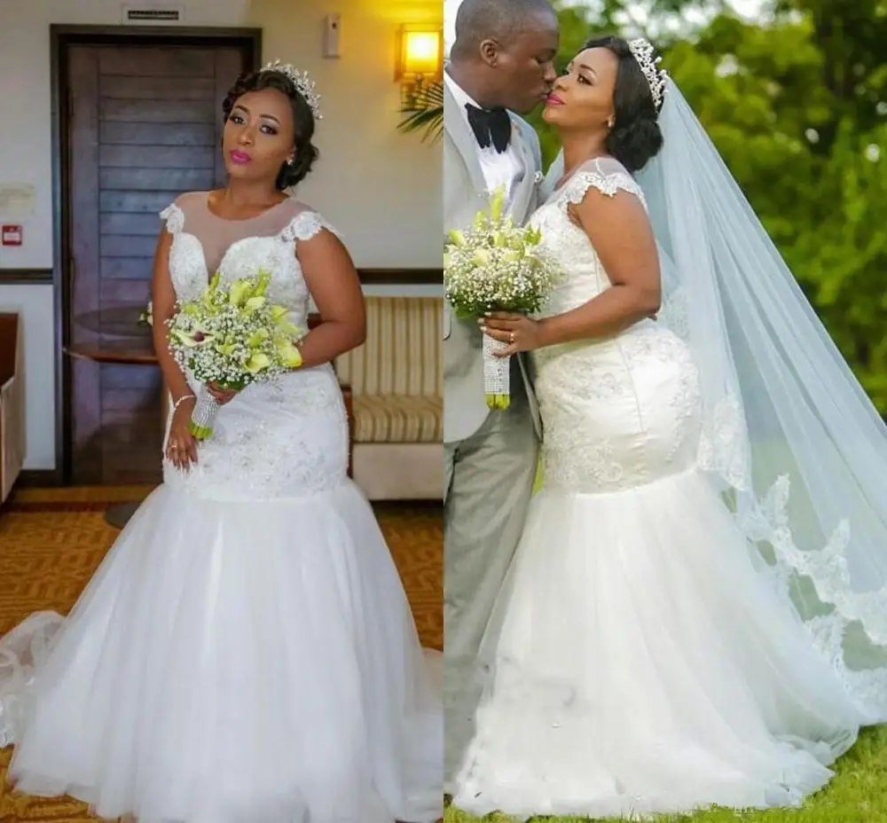 

African Mermaid 2020 Bridal Gowns Wedding Dresses With Beaded Illusion Sheer Neck White Tulle Lace Arabic Country Plus Size