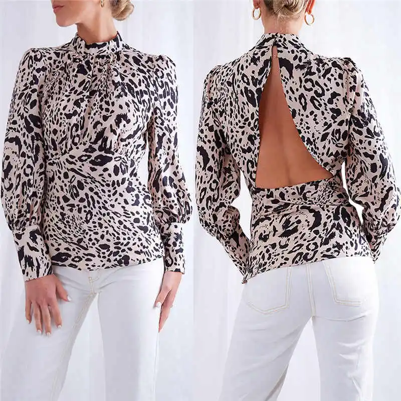 

hirigin new Fashion Women Leopard Printed Long Sleeve Blouses female backless hollow out Casual Turtleneck Tops ladies shirts