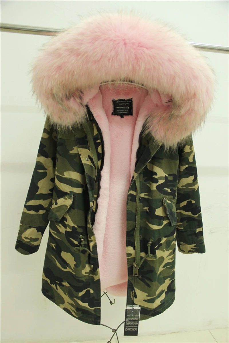 Мех Любовь Женщины Зима Camo Parka большой енота меховым воротником куртка с