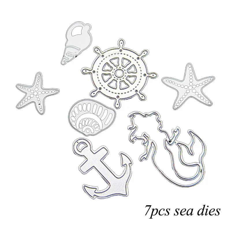 7pcs dies Русалочка DIY металлические режущие штампы Морская звезда Якорь Морская раковина Скрапбукинг штампы металлические поделки штампы для открыток высечки декоративные инструменты - Цвет: 7pcs dies