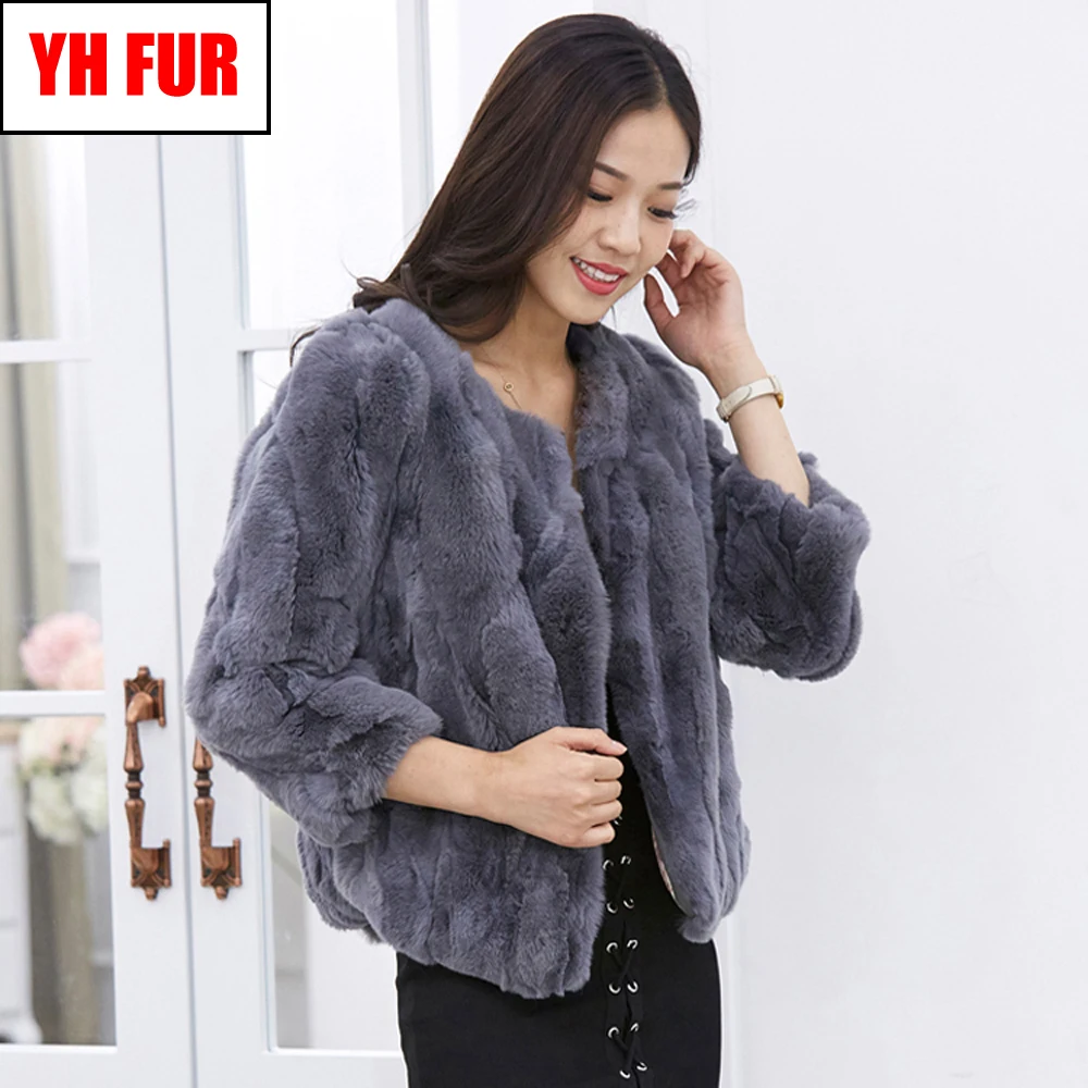 Женская Шуба из натурального меха кролика Рекс короткая шуба для осени и зимы |