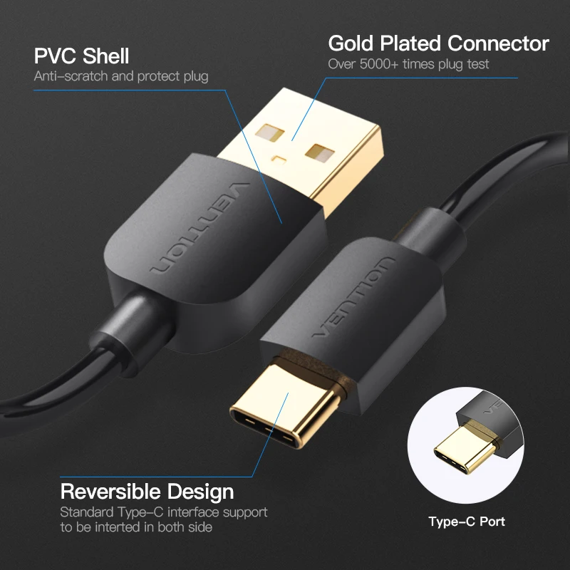 Кабель Vention type C USB 3A для samsung S9 S8 кабель передачи данных быстрой зарядки Xiaomi Mi6 nintendo