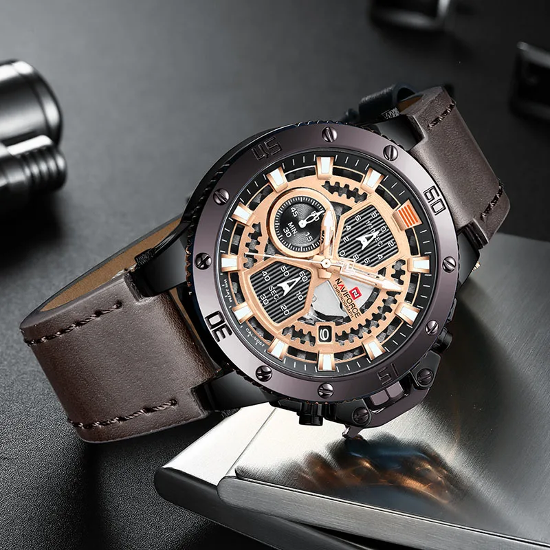 Мужские наручные часы NAVIFORCE роскошные коричневые кварцевые с хронографом Esportivo