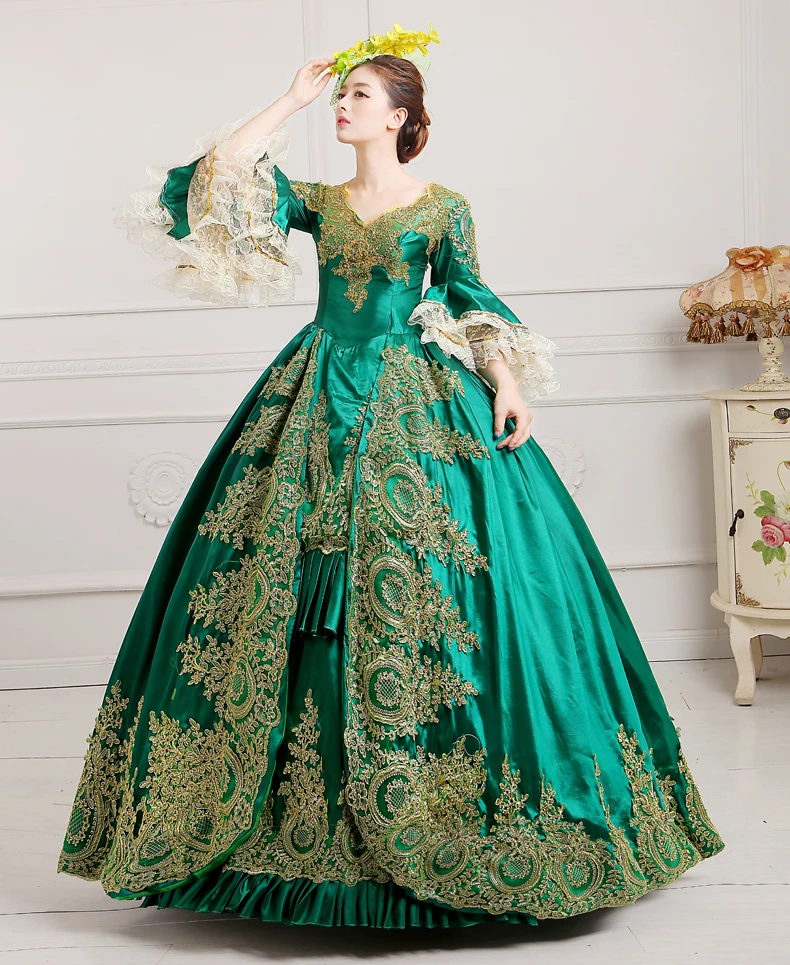 Викторианское готическое зеленое атласное кружевное платье с длинным рукавом и