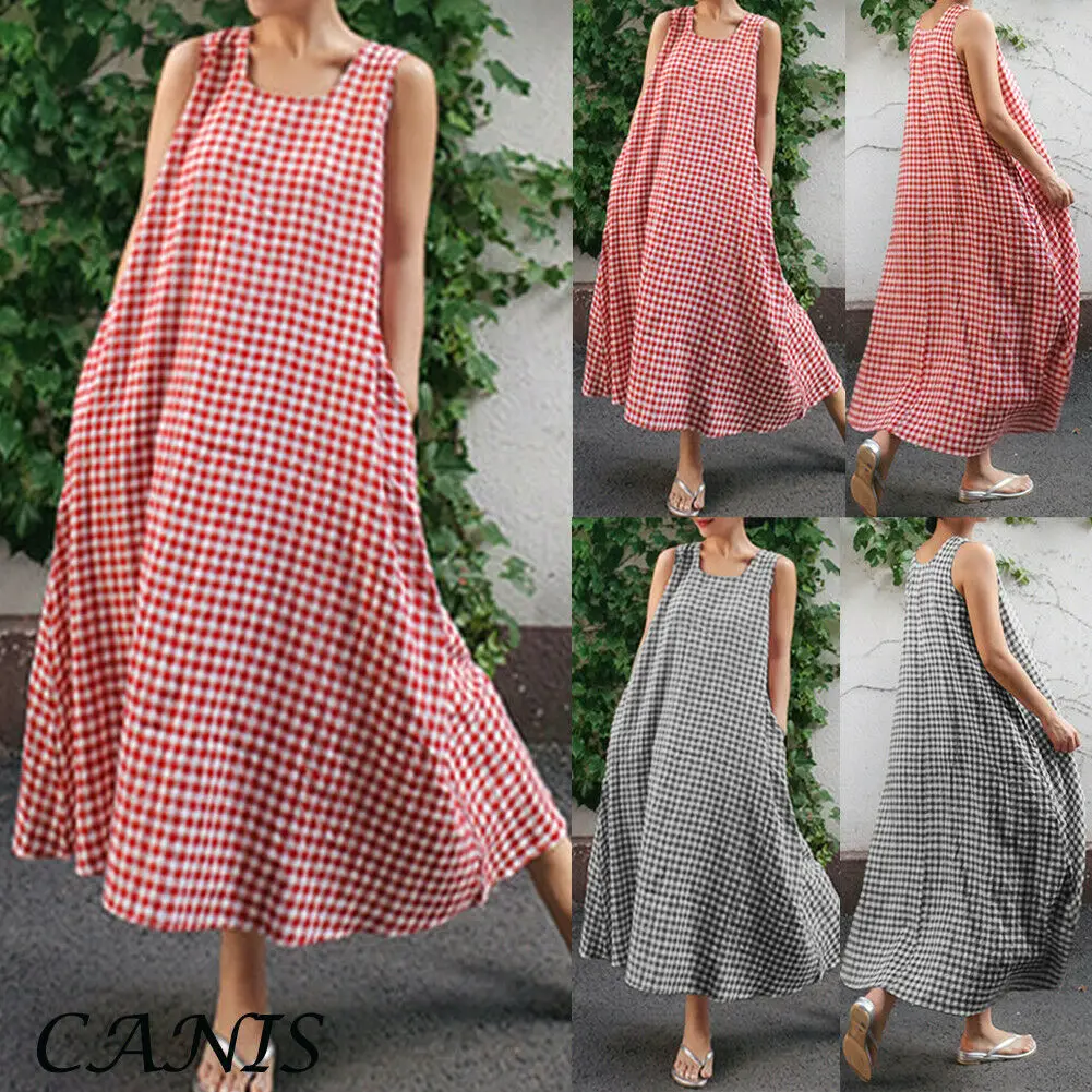 Женское пляжное платье с длинным рукавом винтажное свободное в клетку большие