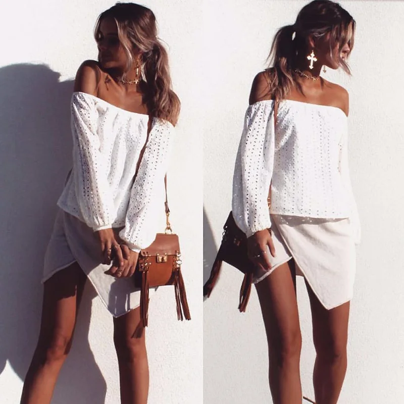 Женская кружевная блузка белая с длинным рукавом 40544 | одежда