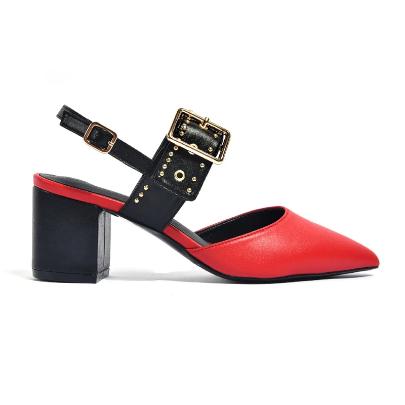Red Heels Chaussures femme ete/; женские туфли-лодочки с заклепками; босоножки с закрытым носком на не сужающемся книзу массивном каблуке; женские босоножки из натуральной кожи; летние туфли Mary Jane - Цвет: Red Heels