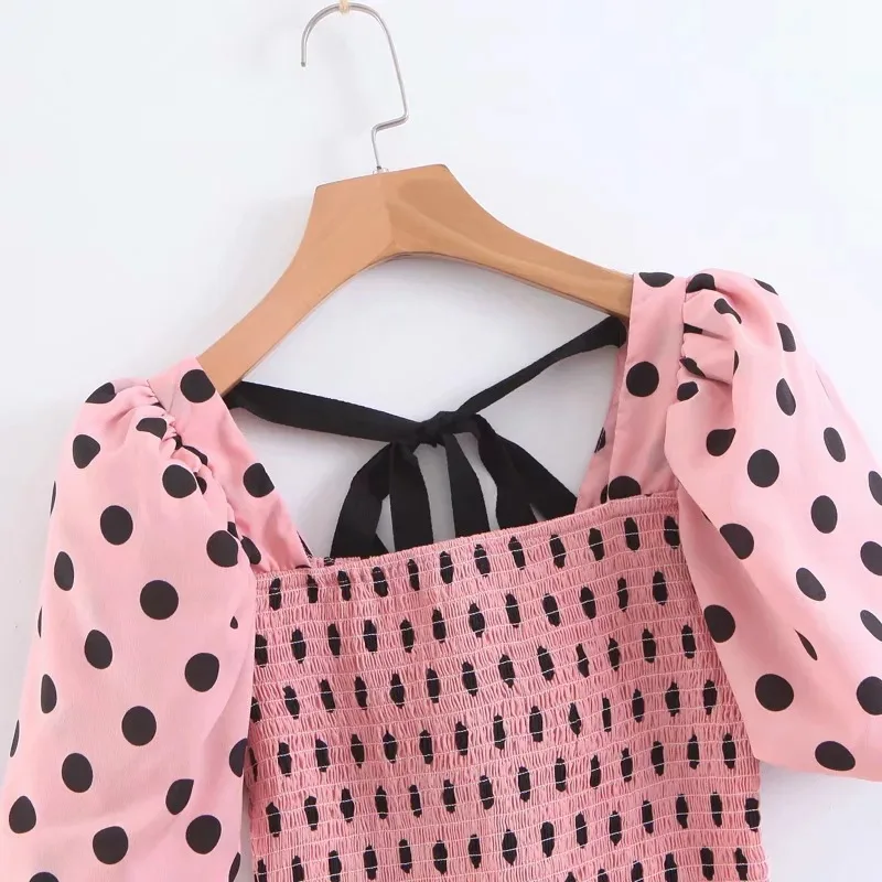 Runway Women Dots Shirt Sexy Square Collar Half Lantern Sleeves Blouse 2019 Summer Chiffon Super Elastic Shirts Sweet Clothing | Женская