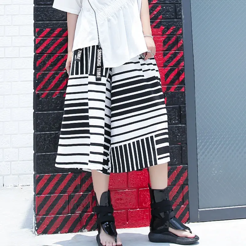 [XITAO] Spring Summer 2019 Women New Arrival Casual Loose Fashion Patchwork Print Striped Calf-length Wide Leg Pants XJ1017 | Женская